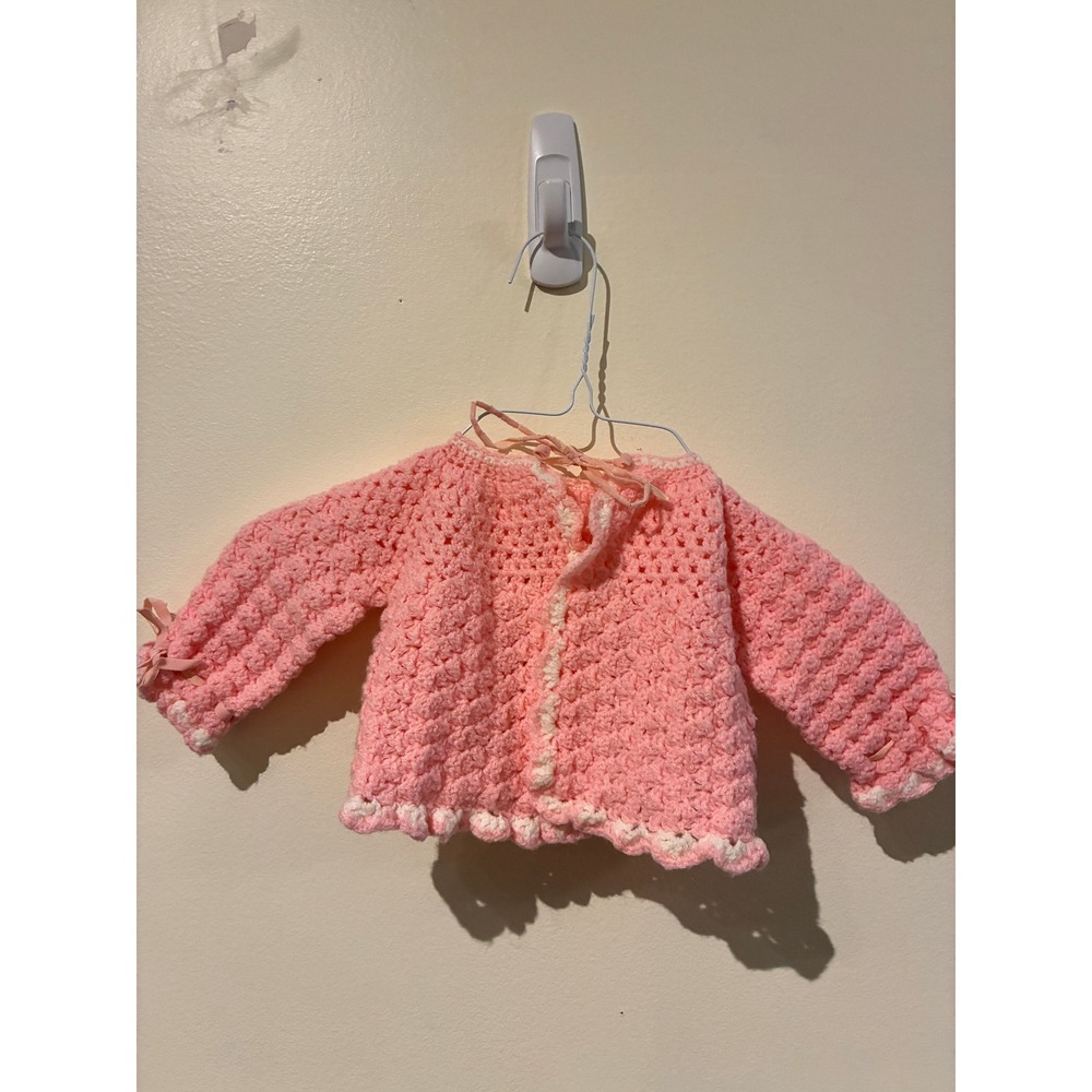 Vintage Handmade Pink Crochet Baby Cardigan Popcorn Stitch Ribbon Tie Sweater